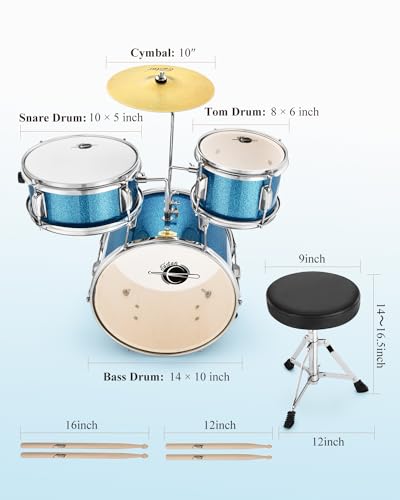 Kids Drum KIt Eastar 3-Piece for Beginners, 14 inch Drum Set with Adjustable Throne, Cymbal, Pedal & Two Pairs of Drumsticks