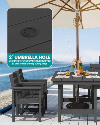 SERWALL Outdoor HDPE Dining Table Set, 7-Piece Outdoor Dining Table Sets with Umbrella Hole Cut-Out Table and 6 Chairs, Gray