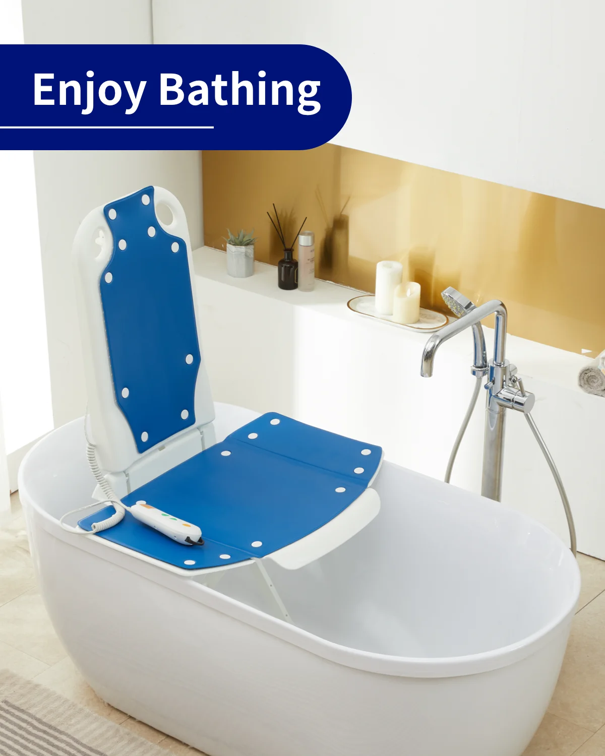 Electric Bath Lift Chair ,Suitable for Bathtubs Larger Than 16“ Wide, High-Strength Steel Pole Support,6 Bottom Non-Slip Suction Cups,Collapsible