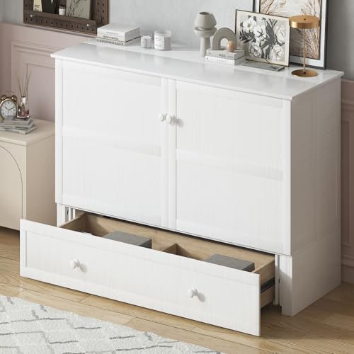 Mjkone Murphy Bed, Queen Cabinet Beds with Tri-fold Mattress and Built-in USB Charging Station/Drawer