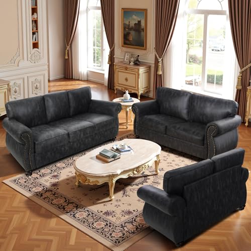Mid-Century Vintage Sofa Couches with Rivet Design,3-Seater Sofa,Removable Sofa Cover Upholstered Cushions and Solid Wood Frame (Brown, 3-Seater)