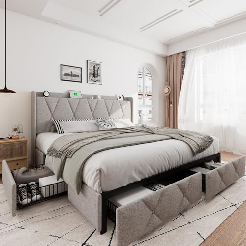 iPormis Queen Bed Frame with 4 Storage Drawers, Upholstered Platform Bed Frame with Charging Station, Modern Wingback Storage Headboard