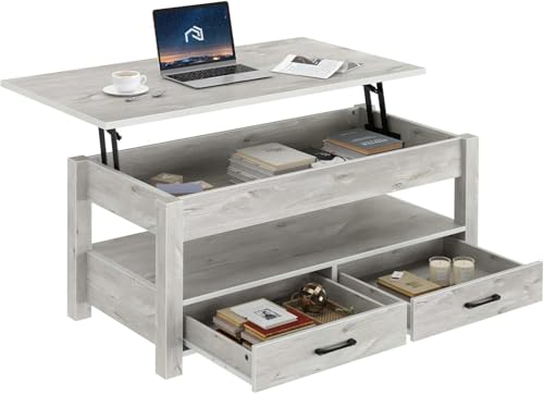 Rolanstar Coffee Table, Lift Top Coffee Table with Drawers and Hidden Compartment, Retro Central Table with Wooden Lift Tabletop, for Living Room