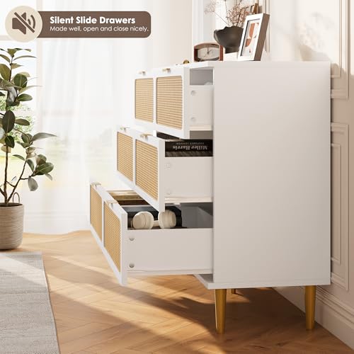 Rattan 5 Drawer Dressers for Bedroom, Tall Dresser with Deep Drawers, Large Chest of Drawers for Closet with Wide Top