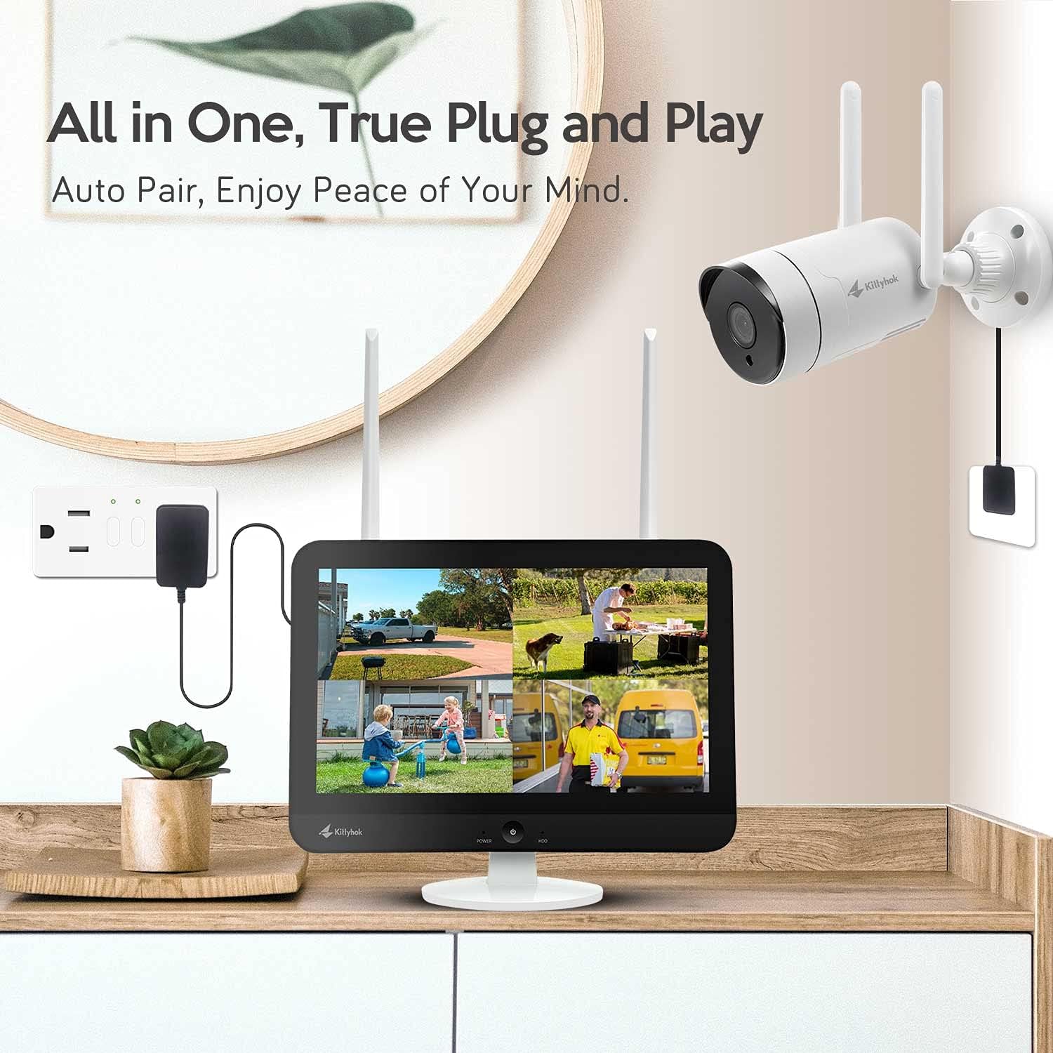[8CH Expandable] Kittyhok All in One 2K Wireless Security Camera System with 12 HD Monitor, 4Pcs 3MP Home IP Surveillance Cameras with 2 Way Audio