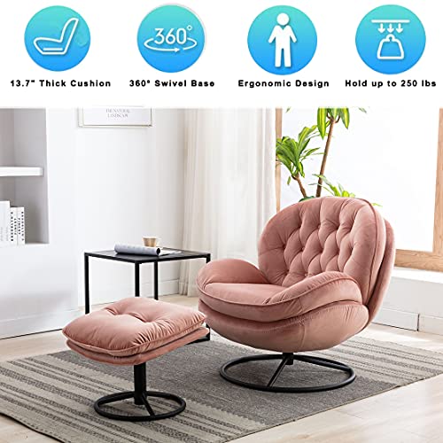 Baysitone Velvet Swivel Accent Chair with Ottoman Set, Modern Lounge Chair with Footrest, Comfy Armchair with 360 Degree Swiveling for Living Room