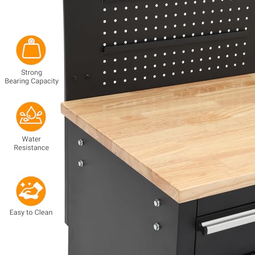 61inch Rolling Tool Chest, Garage Workbench Storage Tool Cabinet 10 with Drawers, Solid Rubber Wood Top with Power Strip, LBS Load Mobile Workstation