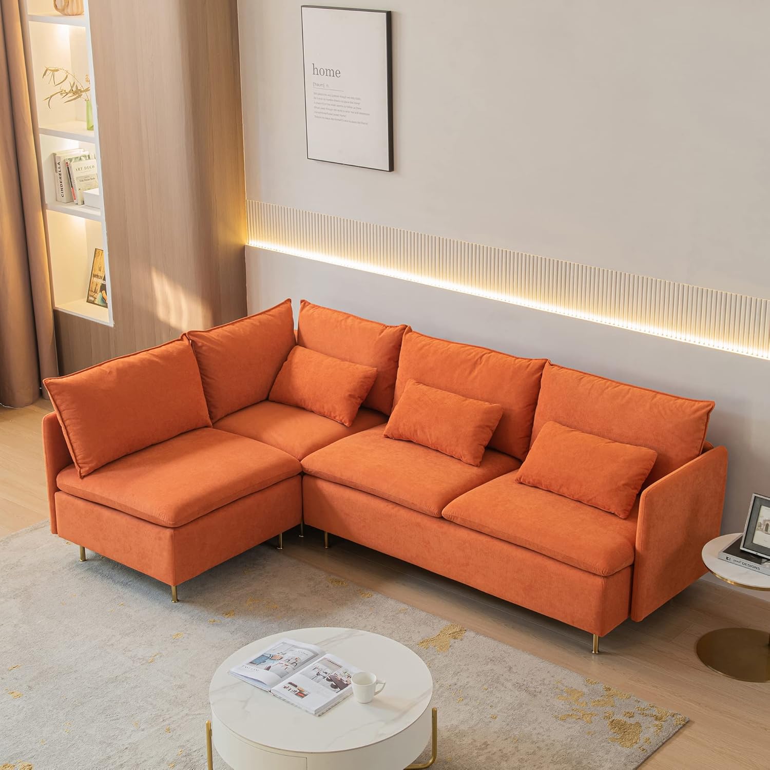 Modular L-Shaped Corner Sofa,Left Hand Facing Sectional Couch,Orange Cotton Linen-90.9" Modern Couch for Bedroom,Apartment Sofa,Office Couch