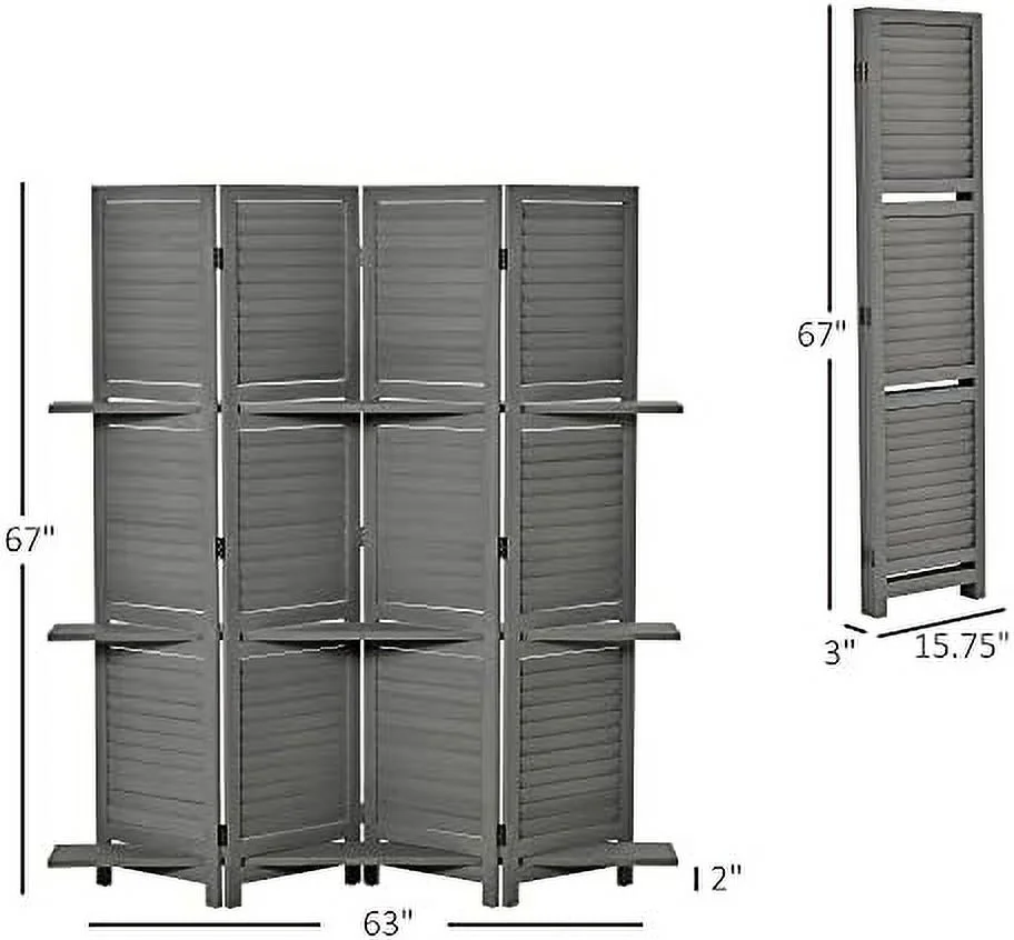 RUNFAYBIU 4 Panel 67" Tall Wood Privacy Screen Room Divider with 3 Display Shelves  and Folding  for Bedroom or Home Office  Grey