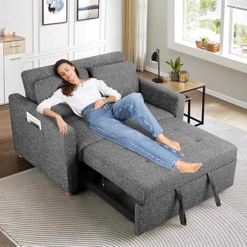 SEJOV 3-in-1 Convertible Sofa Bed, Linen Fabric Sleeper Couch Pull Out Bed, 49" 2-Seater Loveseat Futon Sofa with Spring Support