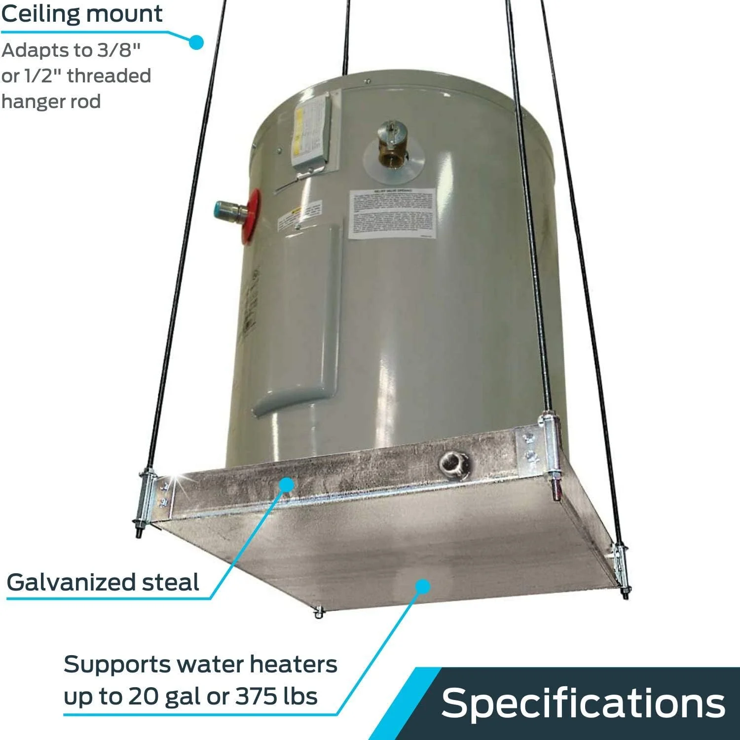 Quickstand Ceiling Mounted Water Heater Platform With Steel Drain, Up To 20 Gallons, Hanging, 40-SWHP-M