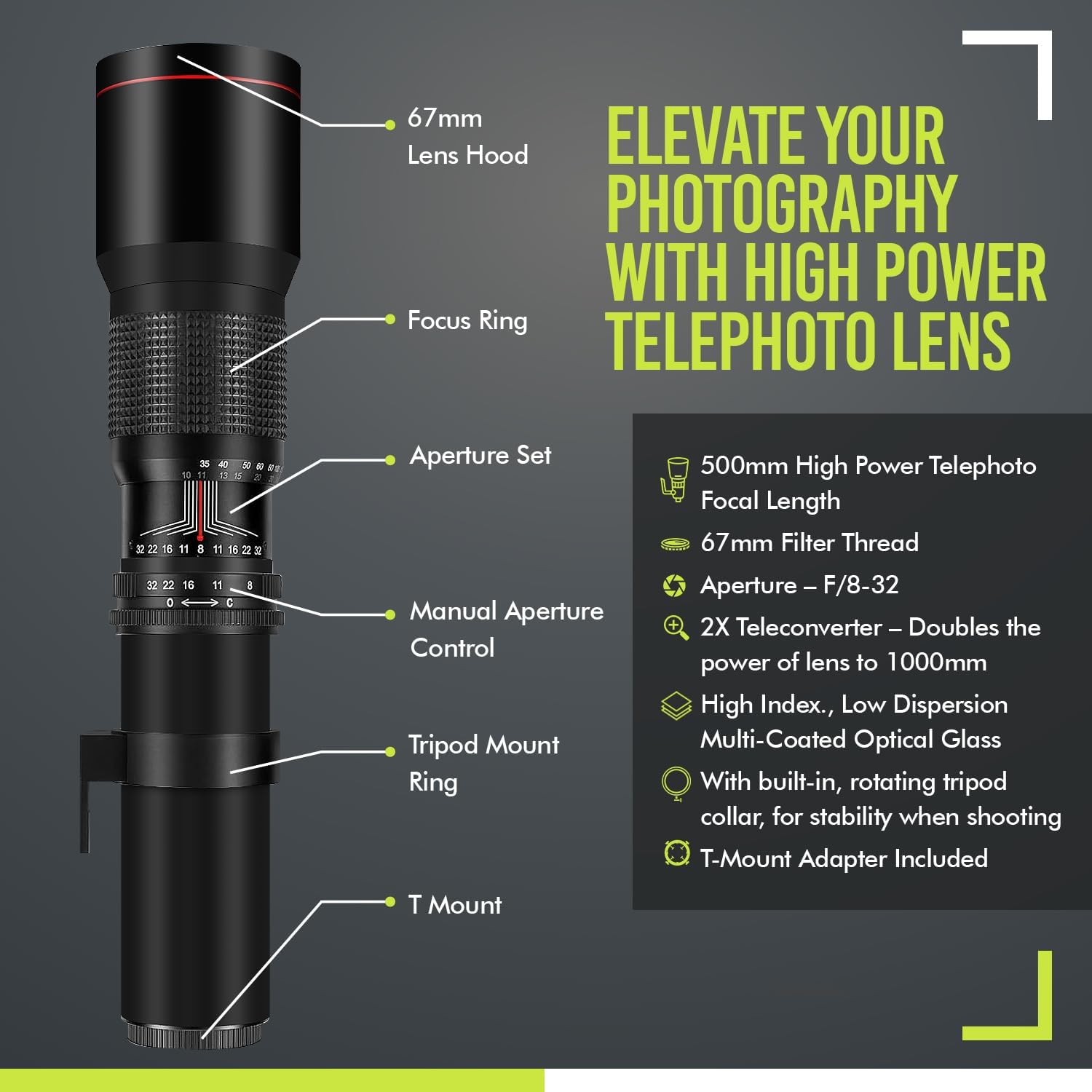 High-Power 500mm/1000mm f/8 Manual Telephoto Lens for Canon EOS 80D, 90D, Rebel T3, T3i, T5, T5i, T6i, T6s, T7, T7I, T8I, SL3, 60D, 70D, 5D, EOS5D IV