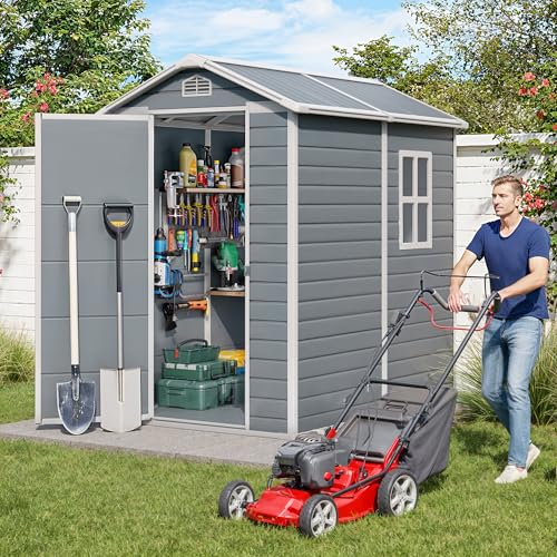 Gizoon 6x4 FT Outdoor Storage Shed with Floor, Resin Garden Tool Shed with Lockable Doors, Window, Vents, Reinforced Steel Frame
