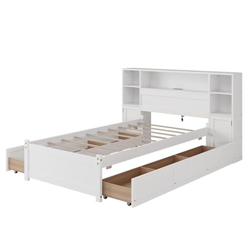 SOFTSEA Twin Size Captains Bed with 6 Storage Drawers and Bookcase Headboard, Wood Twin Storage Platform Bed with USB Ports