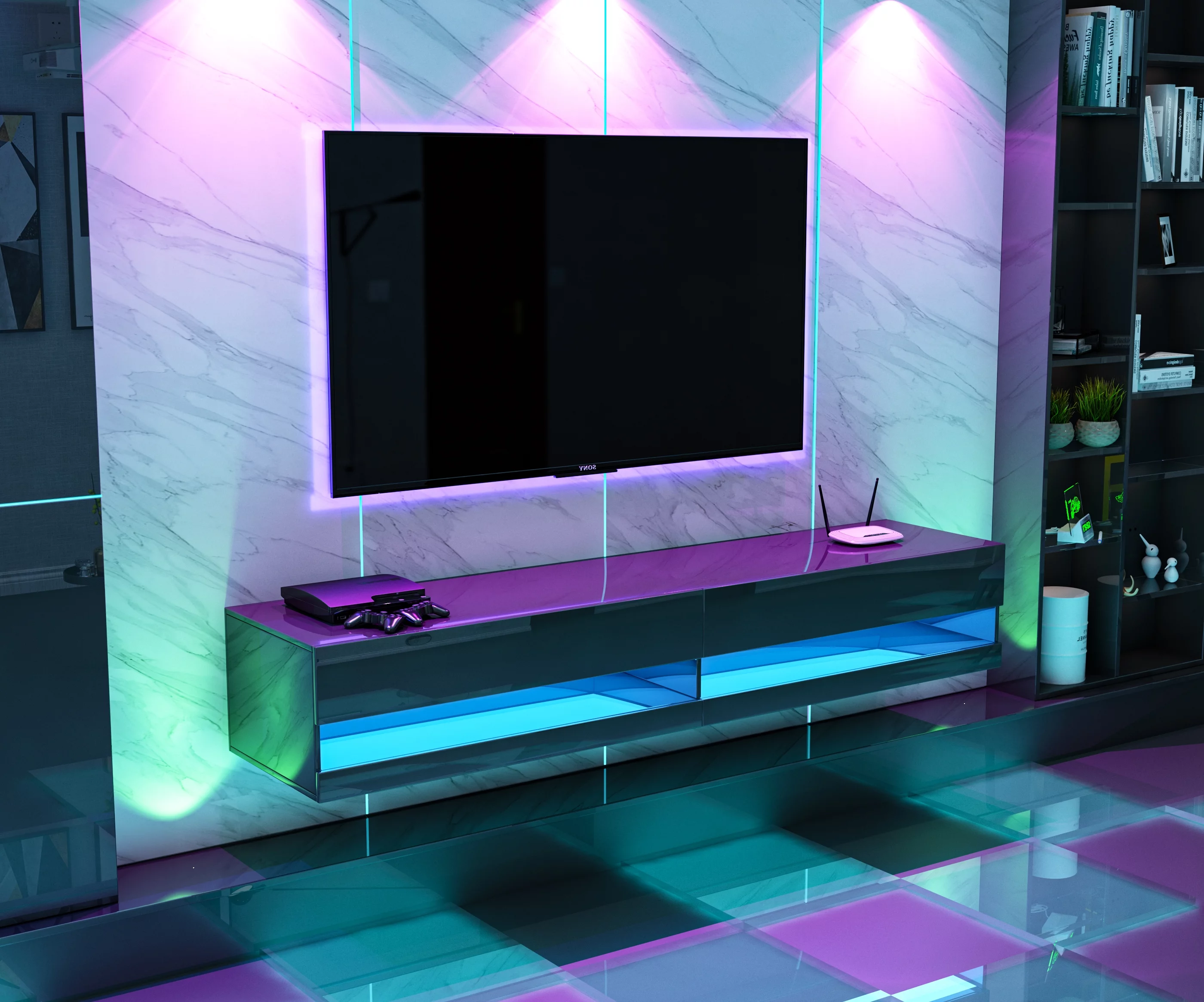 JOYSOURCE Floating TV Stand with LED, Wall Mounted Entertainment Center up to 80 inch TV, Modern High Gloss TV Media Console Cabinet, Black