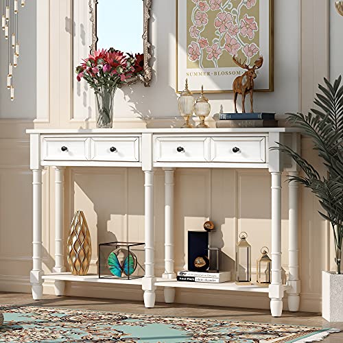 Merax Espresso Wood Narrow Console Table with Drawers and Bottom Shelf for Entryway Hallway Front Door, 1 Set