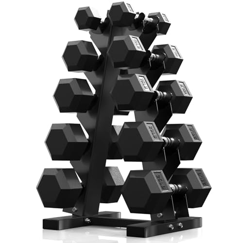 PAPABABE Hex Dumbbell Sets with Rack, 60-550lb Rubber Coated Dumbbell Weight Set and Storage Rack, Multiple Options Hand Weights for Strength Training