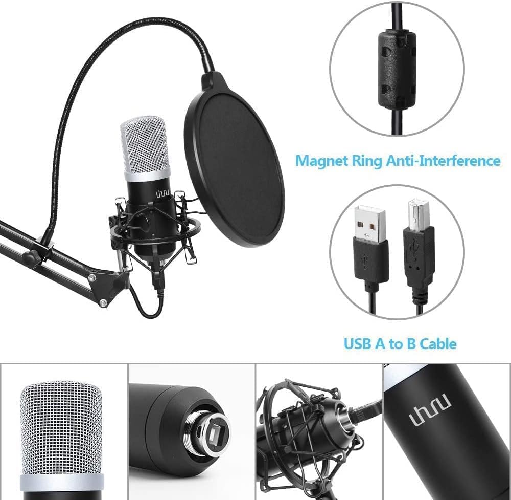 USB Podcast Condenser Microphone 192kHZ/24bit, UHURU Professional PC Streaming Cardioid Microphone Kit with Boom Arm, Shock Mount