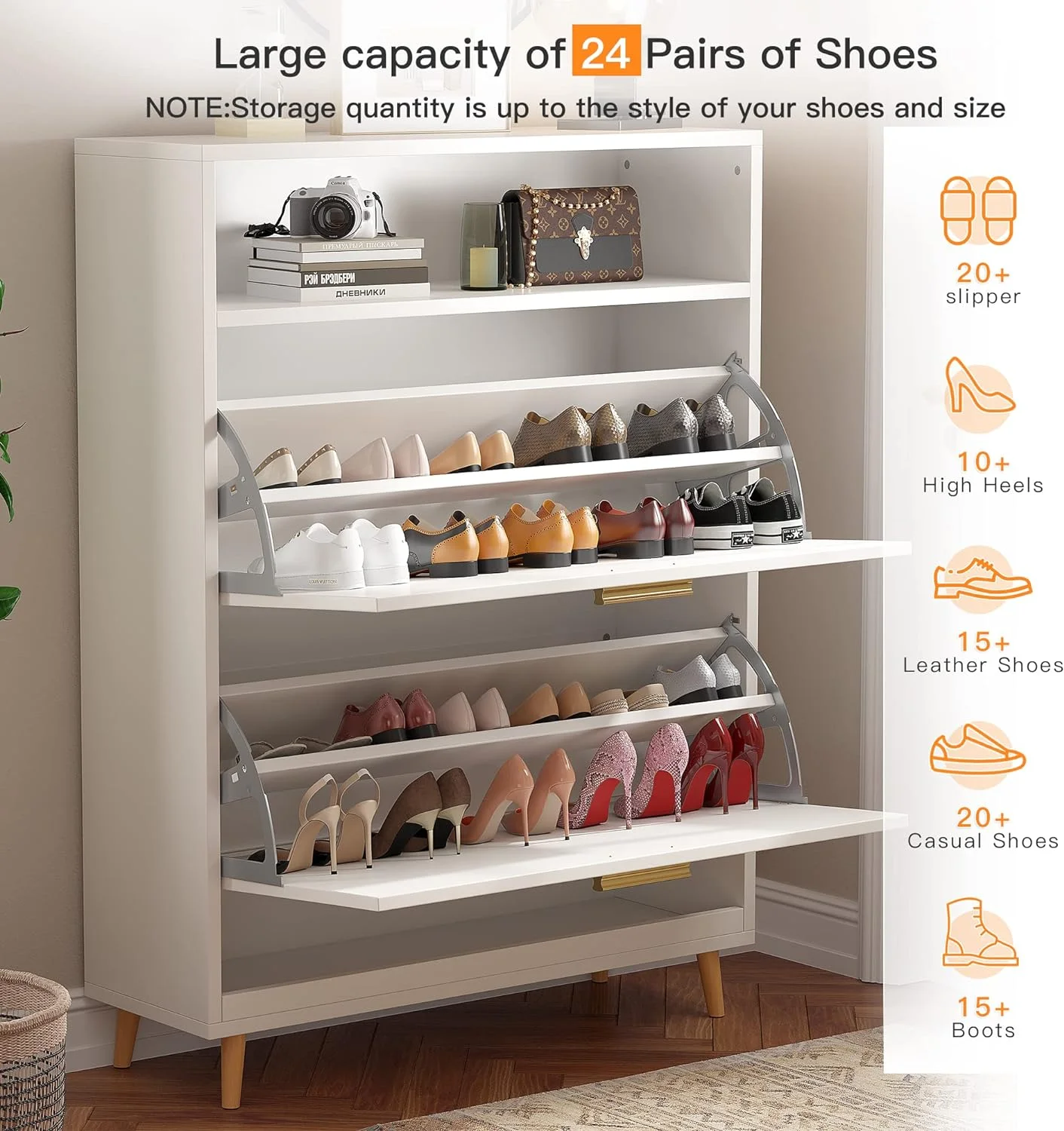 Shoe Cabinet for Entryway Slim Entryway Shoe Storage Cabinet with 2 Flip Drawers Size up to Men's 13 White Narrow Shoe Cabinet Freestanding Hidden