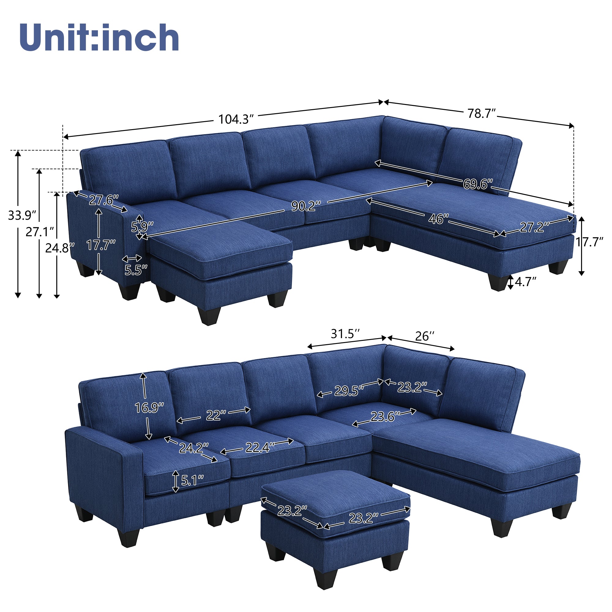Vortex 7-seat Linen Fabric L-shaped Sectional Sofa - Blue