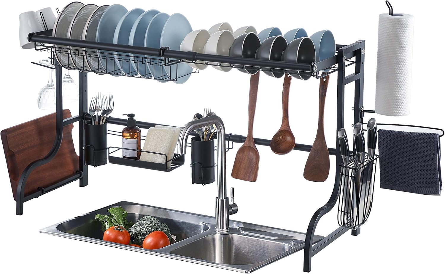 istBoom Over The Sink Dish Drying Rack Adjustable from 22 to 39 inches, Multi-Functional Stainless Steel Kitchen Sink Storage Shelf, Rusty Black