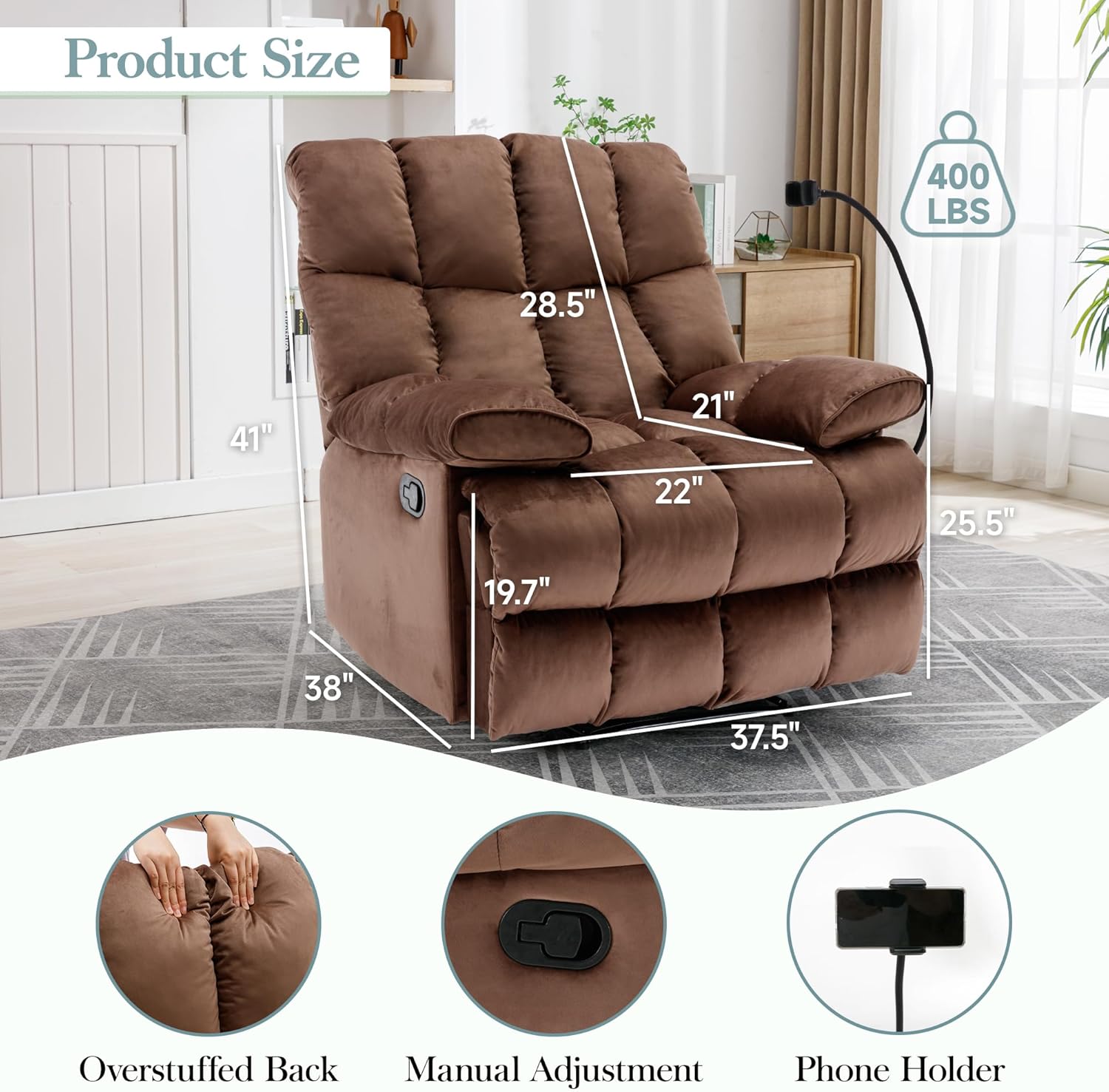 Oversized Recliner Chair 400LBS, Manual Recliner with Soft Overstuffed Arms and Back, Velvet Oversized Recliner Chair for Living Room, Bedroom