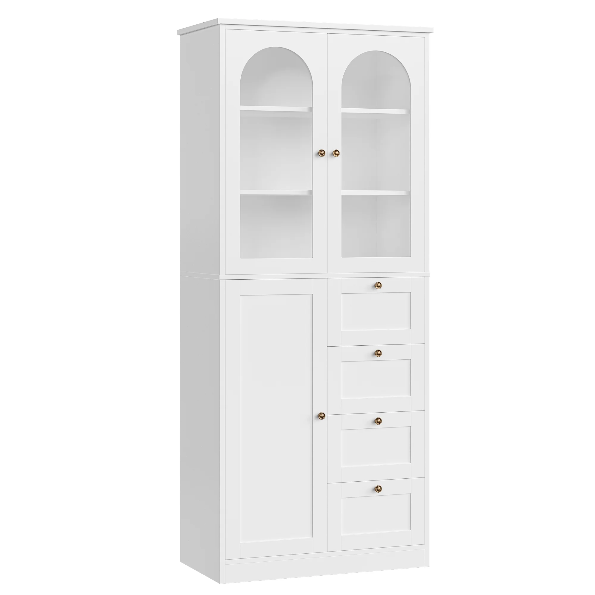 Homfa 70.9''Kitchen Pantry Cabinet with 2 Glass Doors and 4 Drawers, Modern Food Storage Cabinet with Adjustable Shelves for Dining Room, White