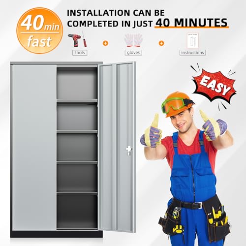 INTERGREAT Metal Storage Cabinets 72” Black Garage Steel Storage Cabinet with Doors and Shelves, Metal Tool Cabinet