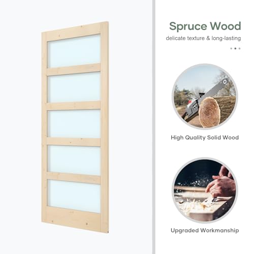 42x84 inch Glass Sliding Barn Door Slab with 7ft Hardware Kit Included, 5-Panel Frosted Glass, Spruce Wood Support DIY Dyeing, Easy Assembly