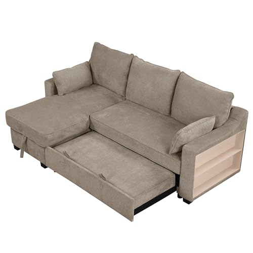 90" Pull Out Sleeper Sofa for Living Room, L-Shaped Couch Convertible Sofa Bed with Storage Chaise, Storage Racks and USB Ports