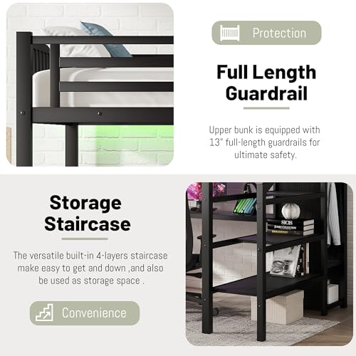 Queen Loft Bed with L-Shaped Desk and Stairs,Metal Queen Size LoftBed with Wardrobe and Adjustable Shelf, Gaming Bed with LED and USB