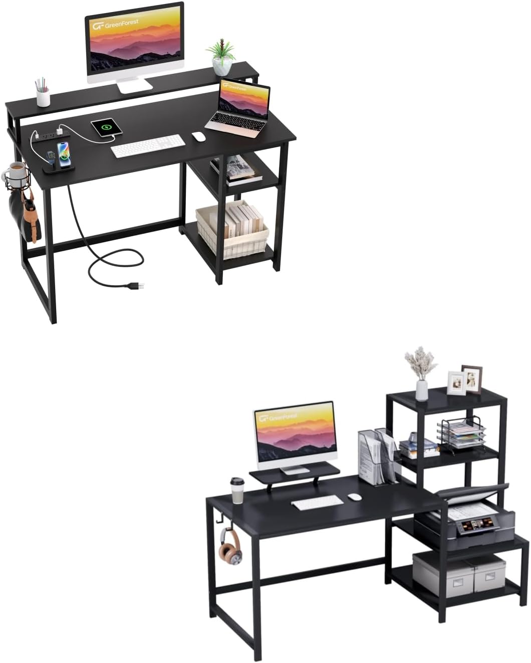 GreenForest Computer Desk with Monitor Stand,39 inch Computer Desk with Storage Printer Shelf Reversible 58 inch Black