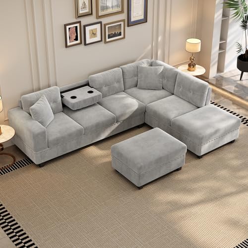 Merax Modern Sectional Sofa with Storage Ottoman, L Shaped Couch with 2 Pillows and 2 Cup Holders