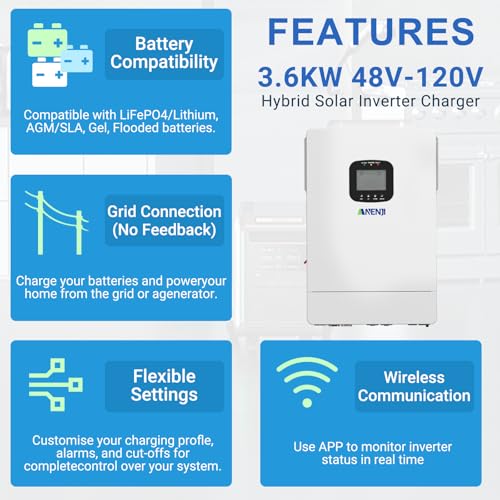 3600W Solar Inverter Charger, DC 48V to AC 110V Hybrid Inverter with Built-in 80A MPPT Controller, Pure Sine Wave PV Power Converter