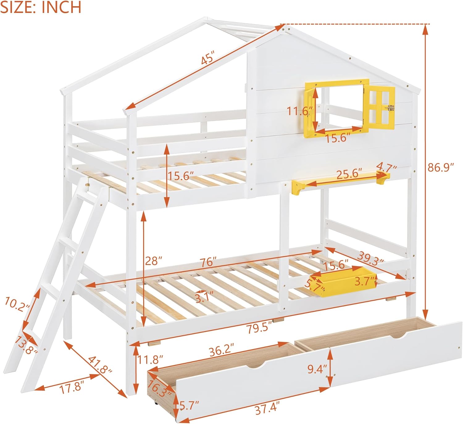 Multi-Functional Bunk Bed for Kids, Twin Size House Bunk Bedframe with Yellow Window & Two Storage Drawers, Open Shelves & Boxes