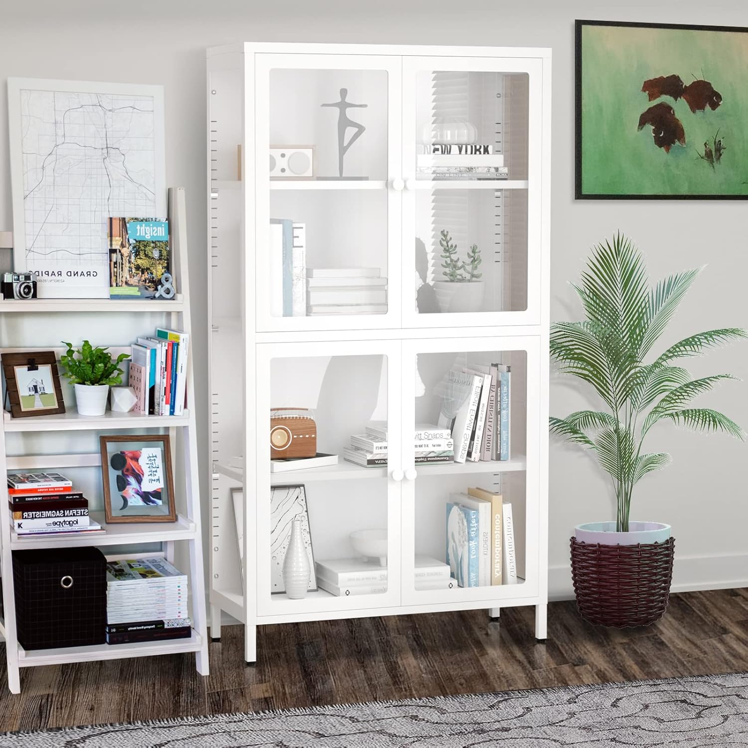 Tempered Glass Storage Cabinet,4-Door Glass Display Cupboard,Tall Corner Cabinet Sideboard Bookcase w/Adjustable Shelves,Steel Frame