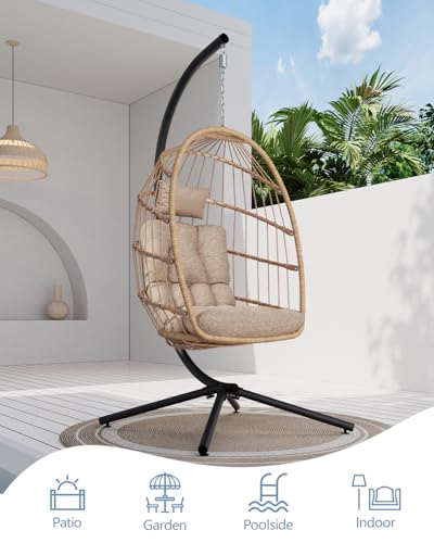 SWITTE Egg Chair Outdoor with Stand, Indoor Wicker Hanging Egg Swing Chair with Cushion, 350lbs Capacity for Patio, Bedroom, Garden - Gray