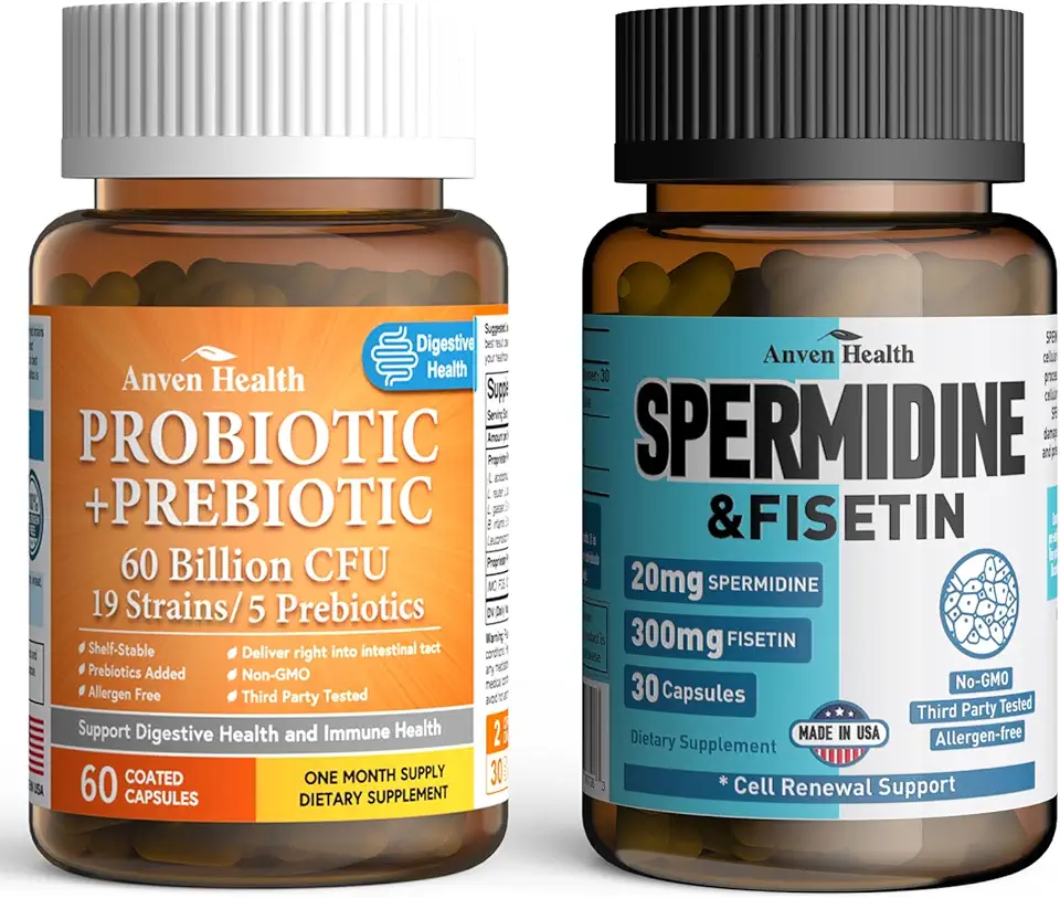 Spermidine & Probiotics - 60 Billion CFU for Gut Health, Longevity, Cell Renewal & Immune Support, 20mg 98% Spermidine & 300mg Fisetin