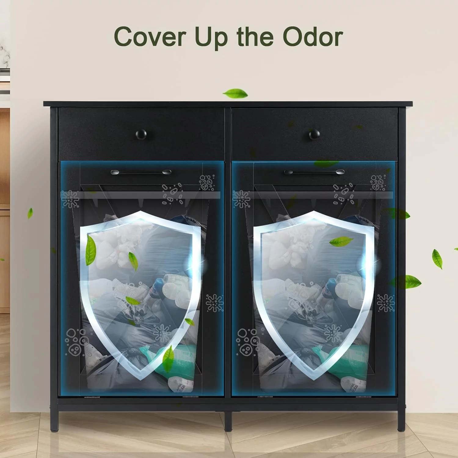 Arlopu Double Tilt Out Trash Cabinet Freestanding Kitchen Recycling Cabinet Garbage Can Holder with Drawers