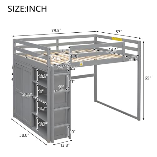 Harper & Bright Designs Full Size Loft Bed with Desk, Storage Shelves and Drawers, Solid Wood Loft Bed Frame with Built-in Wardrobe, Walnut