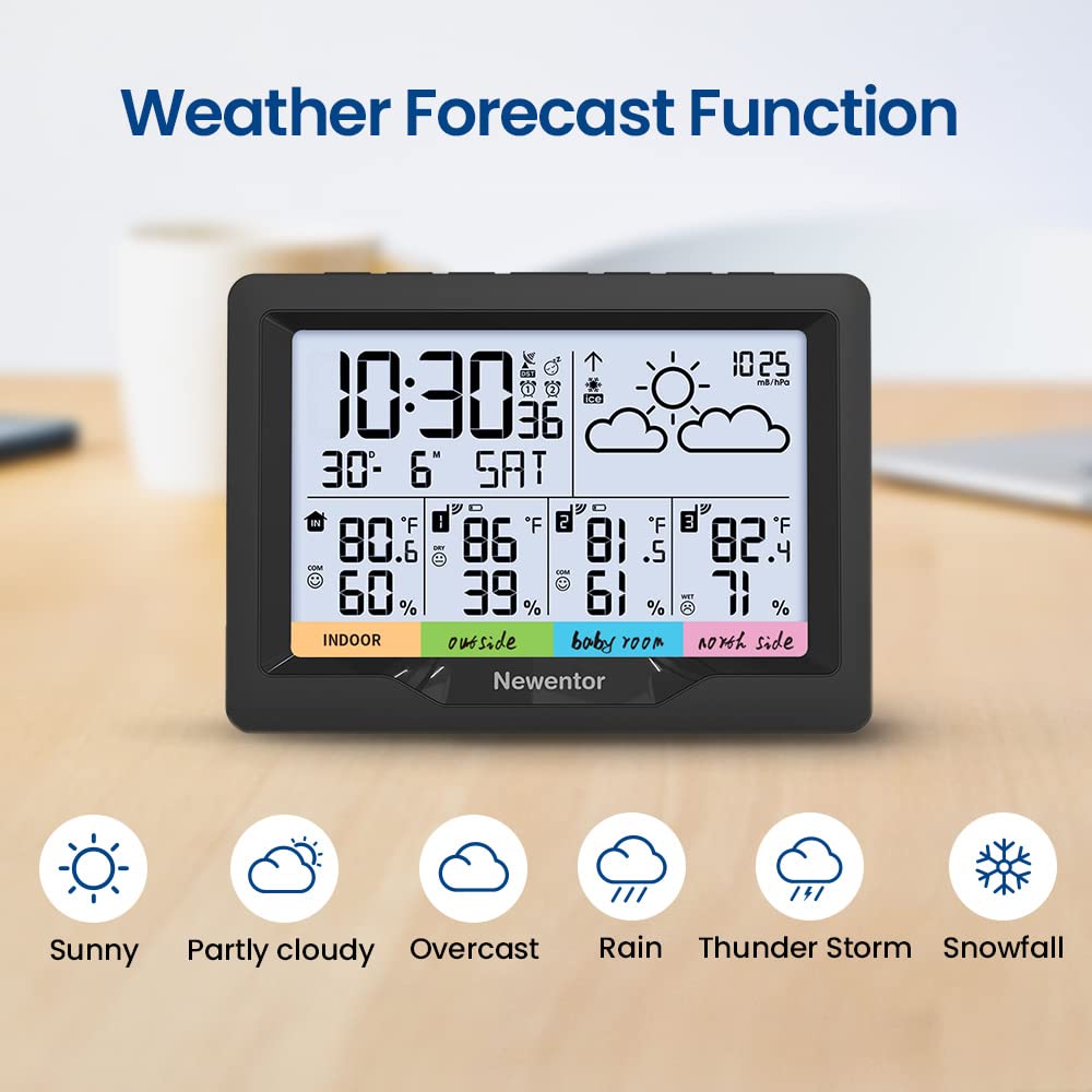 Newentor Weather Station Wireless Indoor Outdoor Multiple Sensors, Outdoor Thermometer Hygrometer with Atomic Alarm Clock