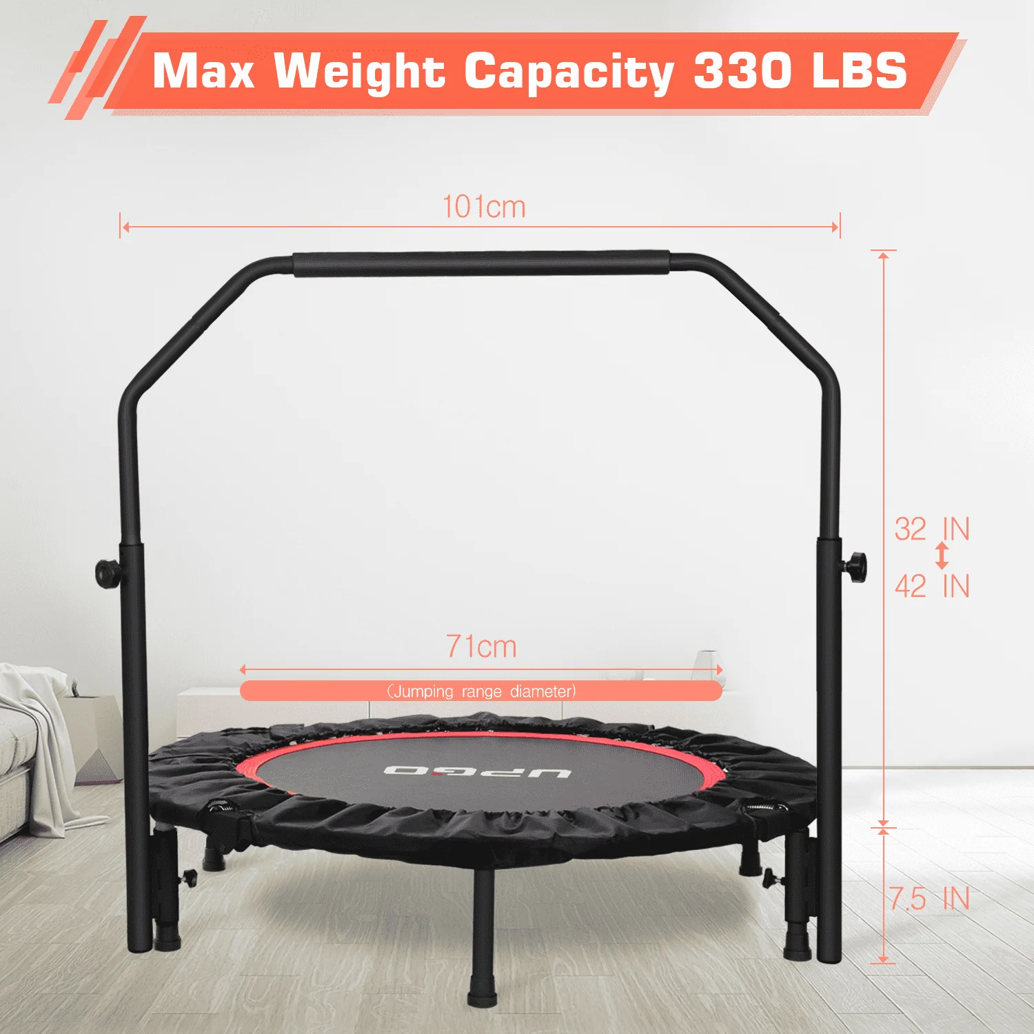 UPGO 40 Foldable Trampoline, Fitness Rebounder with Adjustable Foam Handle, Exercise Trampoline for Adults Indoor/Garden Workout Max Load 330lbs