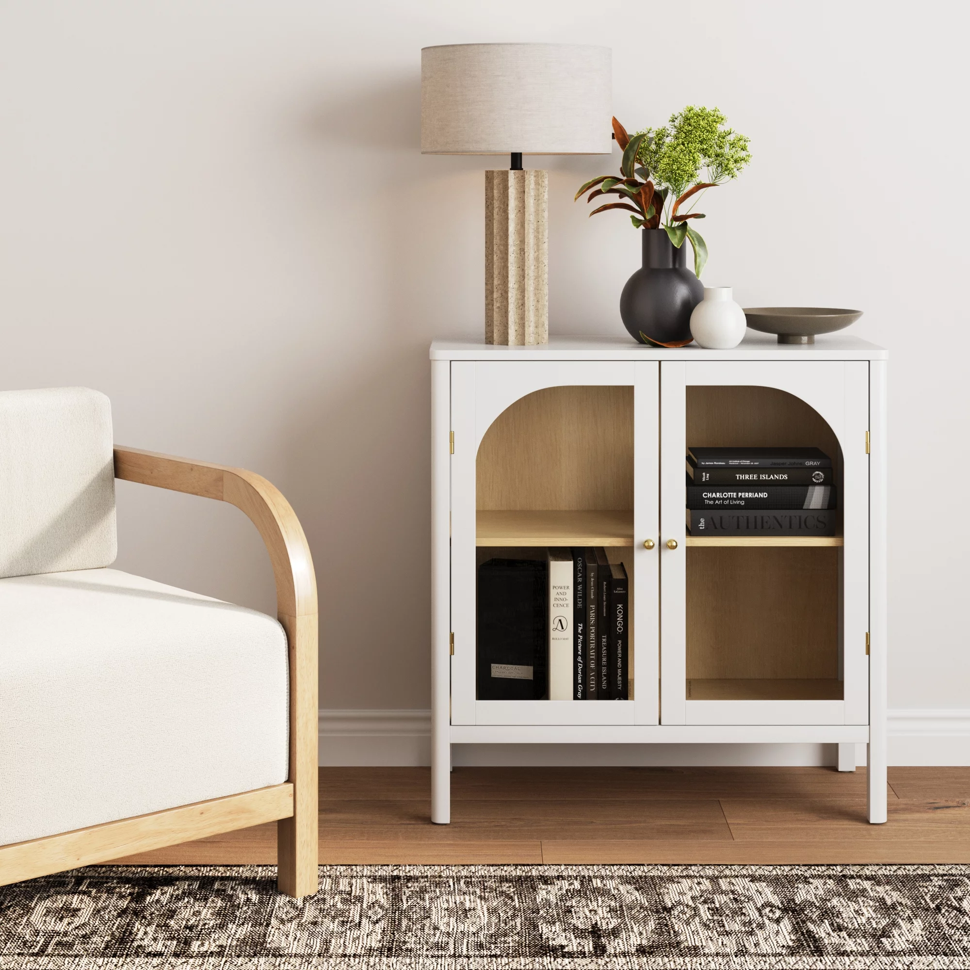 Nathan James Mason Free Standing Accent Sideboard Buffet, Credenza with Glass Doors and Adjustable Shelf in White Wood for Dining Room