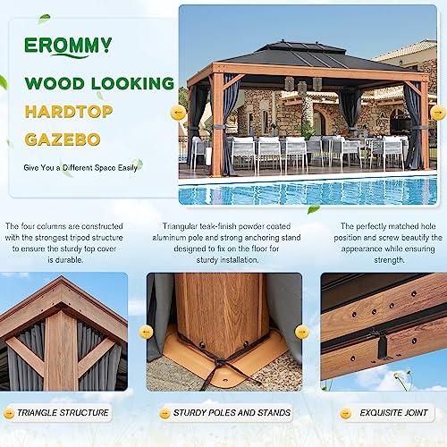 EROMMY 12'x20' Hardtop Gazebo Double Roof Galvanized Steel Canopy Outdoor Aluminum Frame Permanent Metal Pavilion with Netting and Curtains for Patio