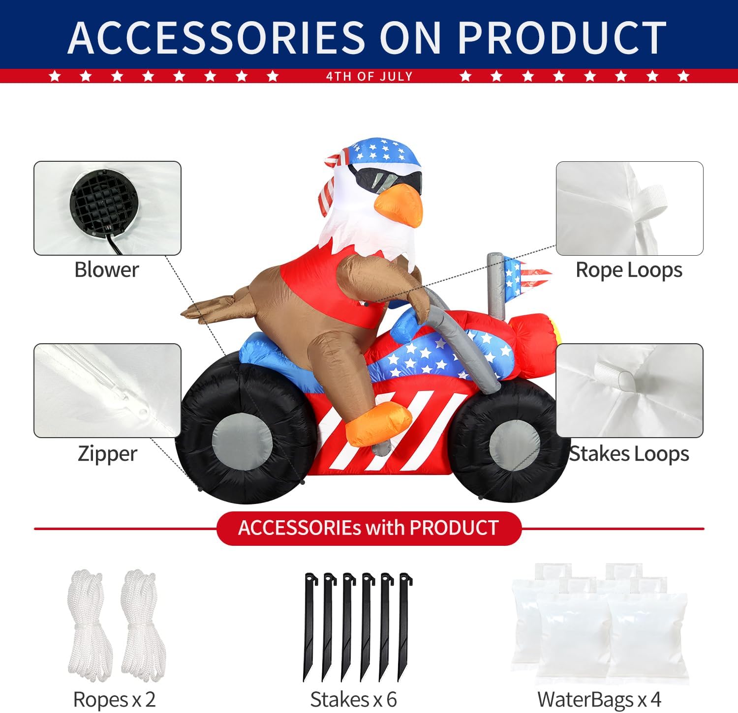 DomKom 6 FT Patriotic Independence Day 4th of July Inflatable Outdoor Decoration, Bald Eagle Sitting on Motorcycle