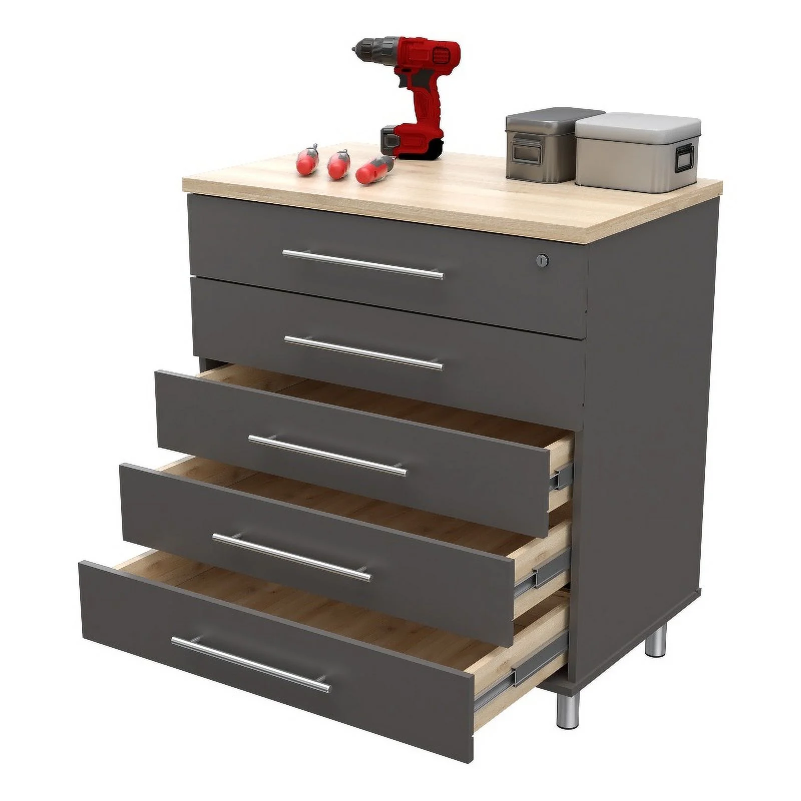 Pemberly Row 5-Drawer Garage Storage Cabinet in Dark Gray/Maple