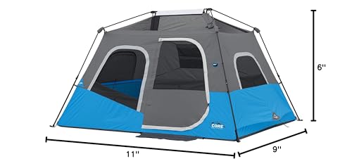 CORE Instant Cabin Tents with LED Lights | 6 Person / 9 Person / 12 Person Family Multi Room Lighted Pop Up Tents for Camping | Included Storage