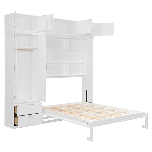 Queen Size Wall Murphy Bed with Desk, Top Cabinet and Storage Shelves, Wood Queen Murphy Hidden Wall Bed for Home Office or Small Room