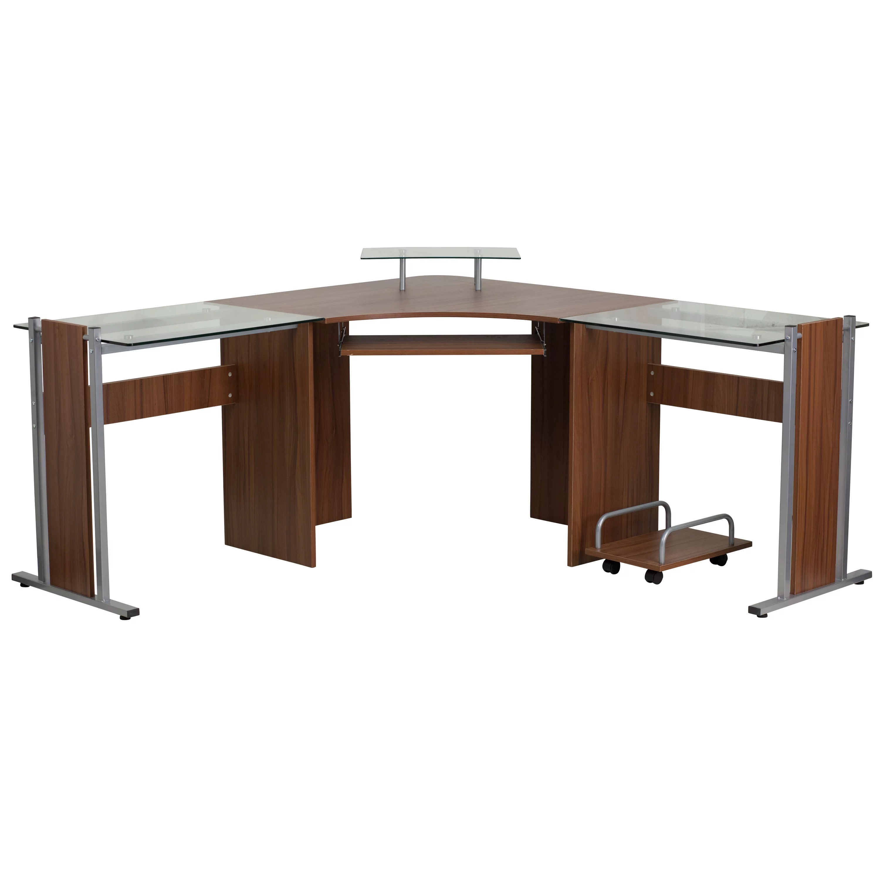 Emma + Oliver Teakwood Laminate Corner Desk with Keyboard Tray and CPU Cart
