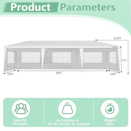 10X30FT Canopy Tent, White Pole Tents for Parties, Wedding, Events and Birthday, Outdoor Party Tent with 5 Removable Sidewalls